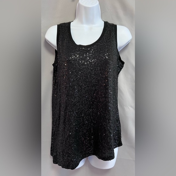 Eileen Fisher Black Silk Stretch Sequin Asymmetrical Tank w/Side Slit Sz PP - Picture 3 of 13